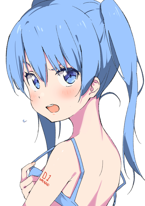1girl bangs blue_bra blue_eyes blue_hair blush bra hair_between_eyes hatsune_miku itotokai long_hair looking_at_viewer looking_back number_tattoo open_mouth simple_background solo tattoo twintails underwear underwear_only upper_body vocaloid white_background