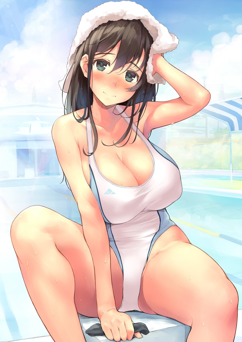 amamiya_natsumi arm_up armpits blue_eyes blush breasts brown_hair cleavage closed_mouth competition_swimsuit covered_nipples day hair_between_eyes half-closed_eyes highleg highleg_swimsuit highres huge_breasts kekemotsu large_breasts light_smile long_hair looking_at_viewer one-piece_swimsuit original outdoors pool poolside revision sitting smile solo starting_block swim_cap swim_cap_removed swimsuit thighs towel towel_on_head wet white_swimsuit