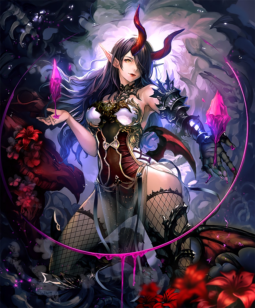armor armored_boots armpits artist_request backlighting bangs bare_shoulders bat_wings belphegor_(shingeki_no_bahamut) black_hair black_leotard blurry boots breastplate breasts cave claws closed_mouth cygames demon_girl demon_horns demon_wings depth_of_field dripping fishnet_legwear fishnets floating_hair flower full_body gauntlets gloves gorget greaves hair_over_one_eye hand_up high_heel_boots high_heels hips horns legs_apart leotard light_particles light_smile lipstick long_hair long_pointy_ears looking_at_viewer low_wings magic makeup medium_breasts mini_wings official_art one_knee outstretched_arm pelvic_curtain pointy_ears red_flower red_lipstick see-through shadowverse shingeki_no_bahamut shoes side_slit single_gauntlet skull sparkle strapless strapless_leotard tail wavy_hair winged_shoes wings yellow_eyes