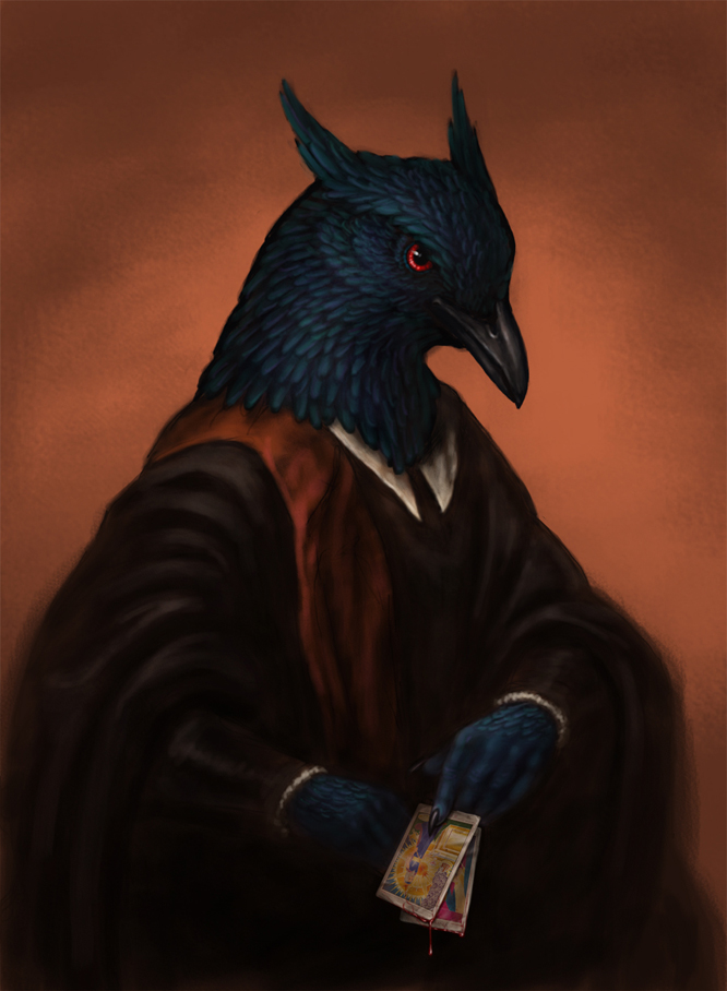 2016 5_fingers ambiguous_gender anthro avian beak bird bird-of-paradise black_beak blood_drip blue_feathers card clothed clothing crest digital_media_(artwork) digital_painting_(artwork) feathered_crest feathers front_view half-length_portrait holding_object humanoid_hands mephisto_(kubo) nosseren orange_background photorealism portrait red_eyes simple_background solo tarot_card trumpet_manucode