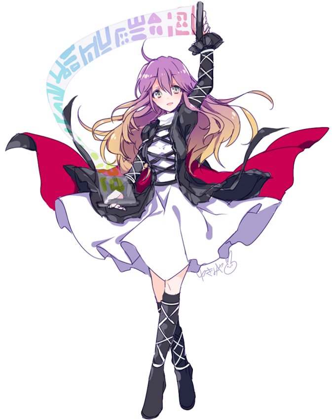 blonde_hair boots cape cross-laced_footwear dress gradient_hair hijiri_byakuren layered_dress long_hair multicolored_hair purple_hair signature solo sorcerer's_sutra_scroll text_focus touhou wavy_hair white_background yukimiya_(parupunta)