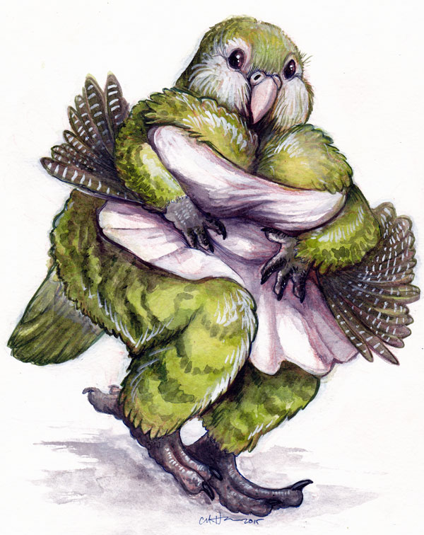 2015 4_fingers 4_toes anthro avian beak belly big_breasts big_cheeks biped bird black_feathers breasts brown_eyes cleavage clothed clothing countershade_face countershading digitigrade dress feathered_wings feathers female front_view full-length_portrait green_feathers green_stripes hand_on_stomach huge_breasts humanoid_hands ironfeathers kakapo looking_away multicolored_feathers non-mammal_breasts obese overweight overweight_female parrot pinup portrait pose raised_leg short_dress signature simple_background solo standing stripes tail_feathers talons tight_clothing toes traditional_media_(artwork) watercolor_(artwork) white_background white_beak white_clothing white_countershading white_feathers wings