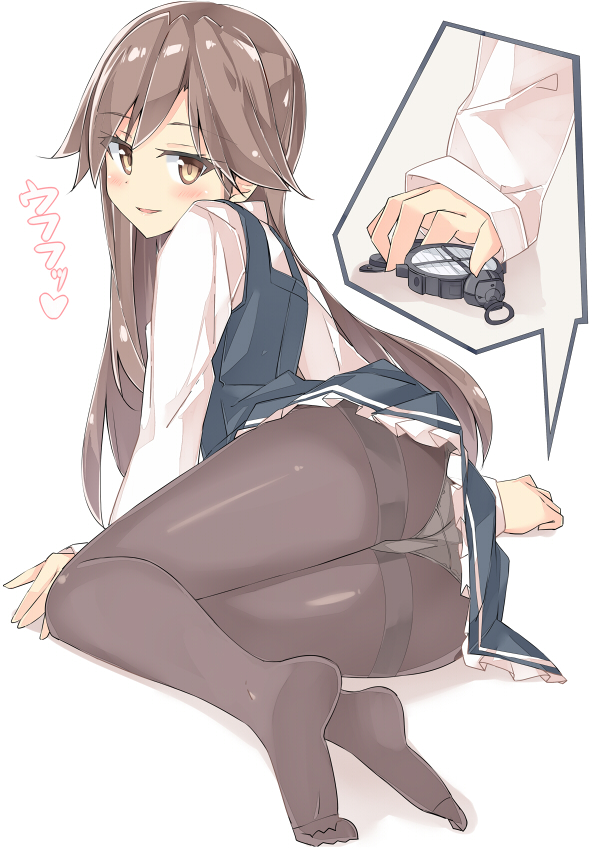 :d arashio_(kantai_collection) beritabo black_dress black_legwear brown_eyes brown_hair commentary_request crime_prevention_buzzer dress frilled_dress frills heart kantai_collection long_hair long_sleeves looking_back no_shoes open_mouth panties panties_under_pantyhose pantyhose pinafore_dress remodel_(kantai_collection) shirt simple_background smile solo thighband_pantyhose underwear white_background white_shirt