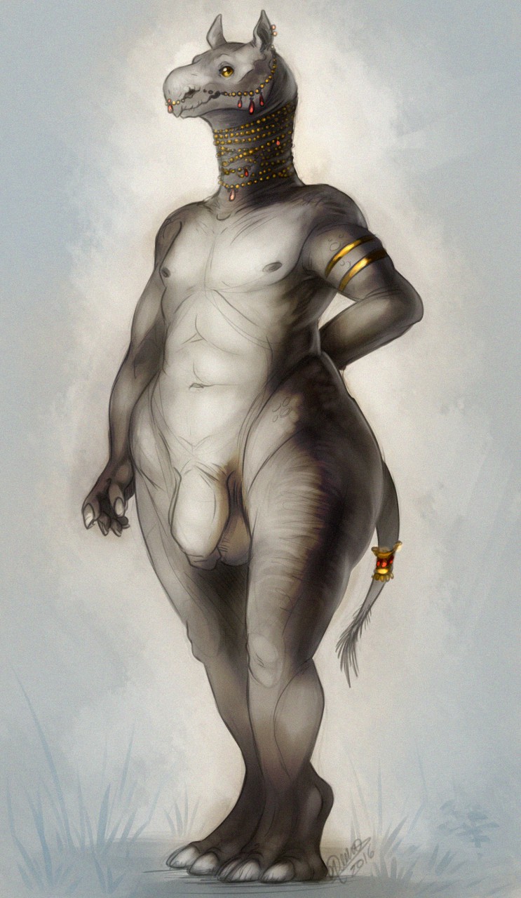2016 3_toes 4_fingers anthro armlet balls big_butt biped black_fur butt deep_navel digital_media_(artwork) digital_painting_(artwork) digitigrade ear_piercing facial_piercing flaccid front_view fur gold_(metal) gold_jewelry gradient_background grass grey_background grey_nipples grey_skin hairless hand_behind_back hi_res hooved_fingers hooves huge_butt jewelry long_foreskin looking_at_viewer male mammal navel necklace nipples nose_chain nose_piercing nude overweight overweight_male paraceratherium penis piercing pinup pose quirachen rhinoceros shackles signature simple_background skindentation smile solo standing tail_cuff tail_ring tail_tuft toes tuft uncut white_background wrinkles yellow_eyes