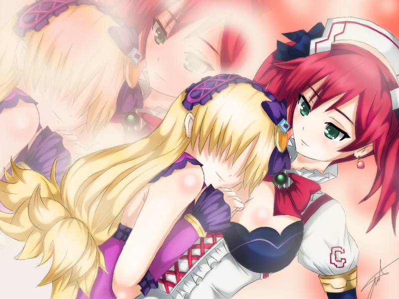 2girls blonde_hair breasts cave_(choujigen_game_neptune) choujigen_game_neptune cleavage faceless_female female green_eyes hair_ornament hand_on_another's_chest lady_wakku long_hair multiple_girls neptune_(series) red_hair twintails verniy_misaki yuri zoom_layer