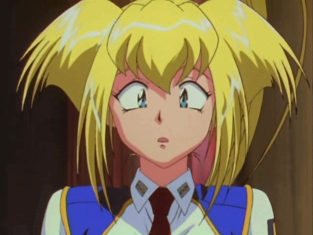 1girl animated animated_gif bangs blonde_hair blue_eyes breasts burn-up burn-up_excess female indoors kinezono_rio large_breasts looking_at_viewer necktie necktie_between_breasts oldschool police police_uniform policewoman pov pov_eye_contact reaching short_hair solo staring tie uniform wide_eyed