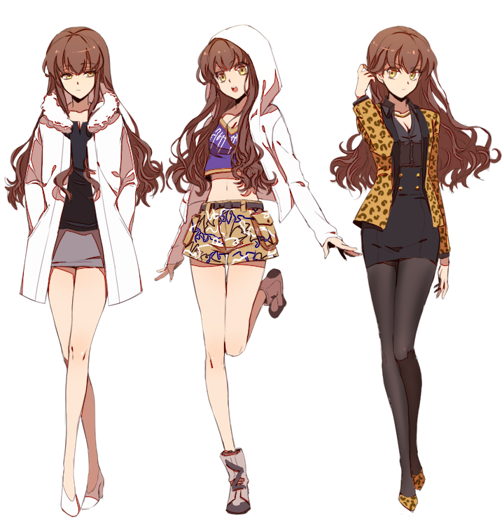 alternate_costume bangs bare_legs black_legwear brown_hair child_gilgamesh child_gilgamesh_(cosplay) coat cosplay costume_chart costume_request crop_top fate/extra fate/extra_ccc fate_(series) full_body gilgamesh gilgamesh_(cosplay) hair_tucking hands_in_pockets high-waist_skirt hood hoodie kishinami_hakuno_(female) legs liusang long_hair looking_at_viewer midriff miniskirt multiple_persona navel open_clothes open_coat open_mouth pantyhose shorts skirt skirt_set standing wavy_hair white_background yellow_eyes