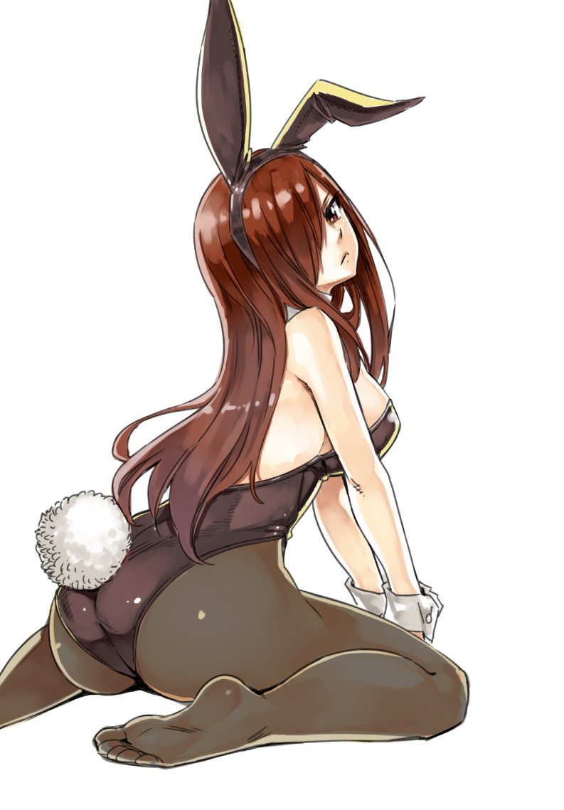 animal_ears ass bare_shoulders black_legwear black_leotard breasts brown_eyes bunny_ears bunny_tail bunnysuit erza_scarlet fairy_tail fake_animal_ears feet frown hair_over_one_eye leotard long_hair looking_back mashima_hiro medium_breasts pantyhose red_hair simple_background sitting soles solo tail white_background wrist_cuffs