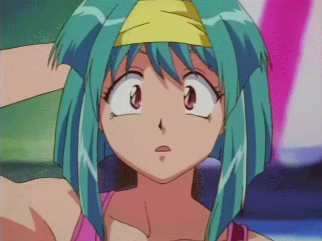 1girl animated animated_gif arm_behind_head arm_up bangs breasts burn-up burn-up_excess cleavage collarbone female green_hair hairband hand jinguu_maya large_breasts looking_at_viewer outdoors pov pov_eye_contact reaching red_eyes short_hair solo_focus staring tanktop wide_eyed