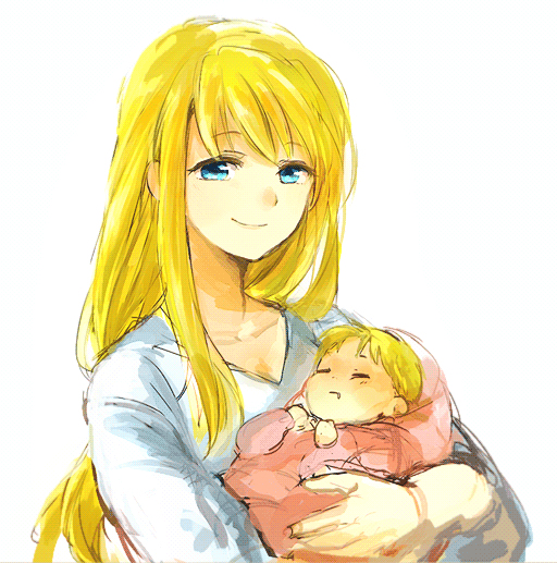 1boy 1girl baby blanket blonde_hair blue_eyes carrying eyebrows_visible_through_hair eyes_closed fullmetal_alchemist happy long_hair looking_at_viewer mother_and_son shirt short_hair simple_background sleeping smile spoilers tsukuda0310 white_background white_shirt winry_rockbell