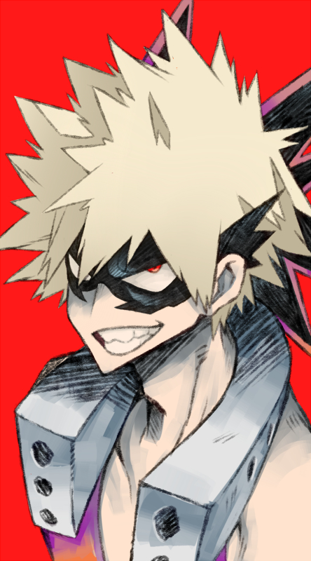 bakugou_katsuki bare_shoulders boku_no_hero_academia collagen domino_mask male_focus mask red_background red_eyes simple_background smile solo spiked_hair teeth upper_body