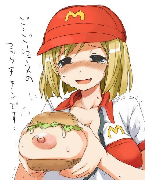 1girl areolae blonde_hair blush bread breast_hold breast_slip breasts breasts_outside cleavage collarbone employee_uniform erect_nipples fast_food_uniform food hamburger hands happy hat large_areolae large_breasts mayo mayonnaise mcdonald's nipples one_breast_out open_clothes open_mouth open_shirt shirt short_hair simple_background smile solo sweat unbuttoned unbuttoned_shirt uniform white_background