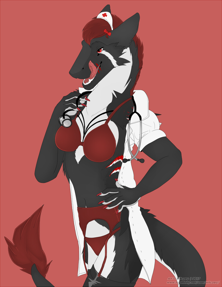 2017 anthro bra breasts clothed clothing female fur garter_belt garter_straps legwear lingerie medical nurse open_mouth panties sergal simple_background smile solo stethoscope stockings tongue tongue_out underwear uniform wilczeu