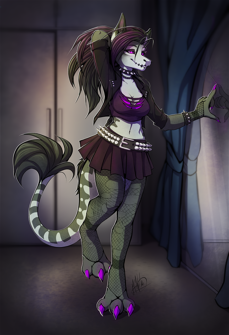 2014 3_toes 5_fingers anthro beast_(disambiguation) black_hair breasts clothed clothing detailed_background dragon female hair midriff navel neotheta purple_eyes smile standing toes