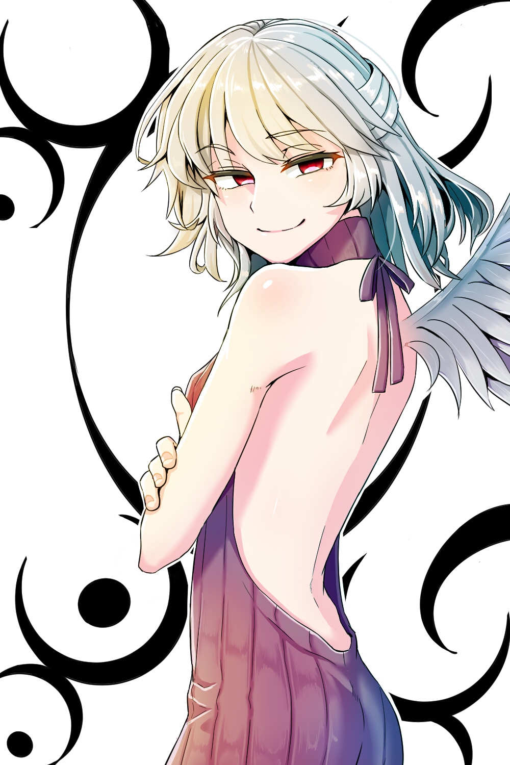 aran_sweater ass back backless_outfit bare_arms bare_back bare_shoulders cobalt commentary_request crossed_arms drawstring eyebrows_visible_through_hair from_side grey_wings half-closed_eyes halterneck hand_on_own_arm highres kishin_sagume looking_at_viewer looking_back meme_attire naked_sweater red_eyes ribbed_sweater shiny shiny_hair short_hair shoulder_blades silver_hair single_wing sleeveless sleeveless_turtleneck smile solo standing sweater touhou turtleneck turtleneck_sweater upper_body virgin_killer_sweater wings