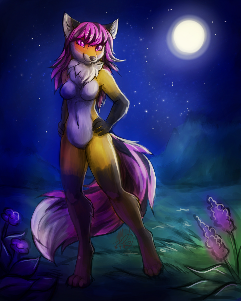 2015 5_fingers anthro barefoot black_nose canine detailed_background digitigrade featureless_crotch fox hair mammal moon navel neotheta nude purple_eyes purple_hair sky smile solo star starry_sky