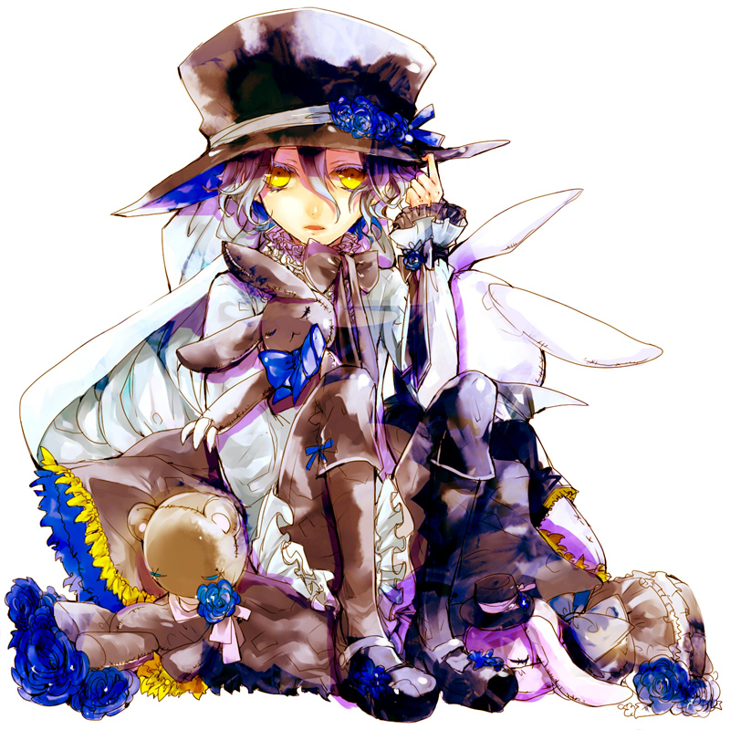 black_hair blue_flower blue_rose boots flower formal gilbert_nightray hakuk hat hat_flower looking_at_viewer male_focus pandora_hearts ribbon rose sitting solo stuffed_animal stuffed_bunny stuffed_toy younger