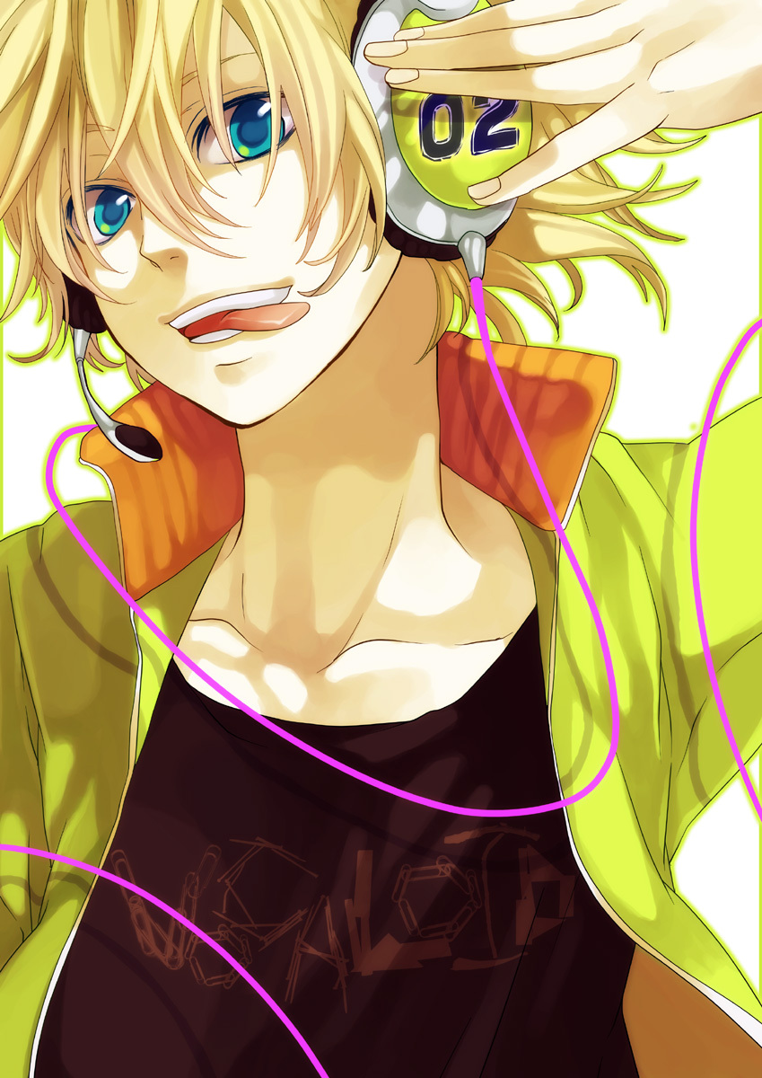 :p aqua_eyes blonde_hair headphones highres kagamine_len male_focus smile solo tongue tongue_out vocaloid yamako_(state_of_children)