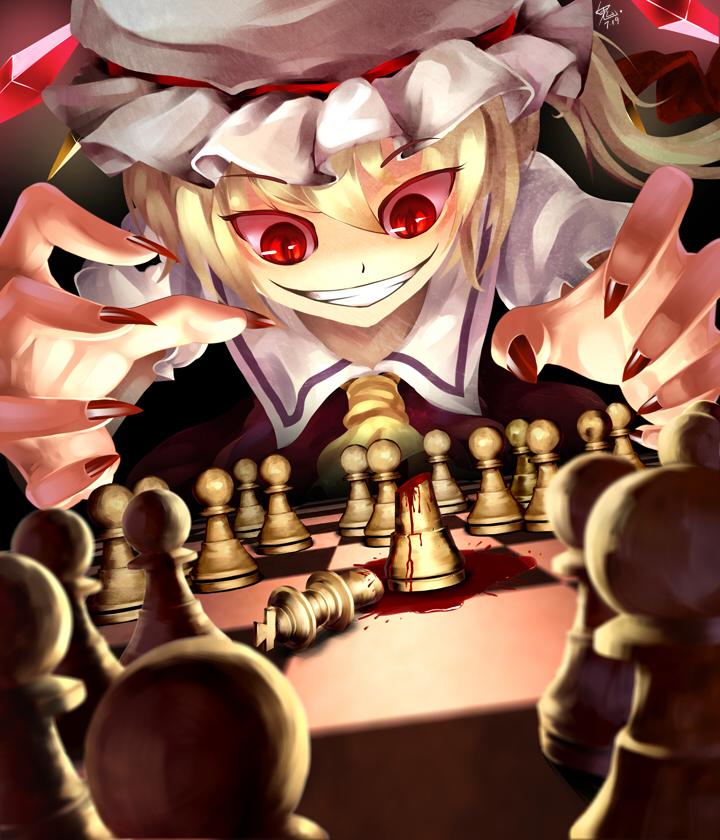 blonde_hair blood board_game chess claws evil_grin evil_smile flandre_scarlet ghostzxt grin hat ponytail red_eyes short_hair side_ponytail smile solo touhou vampire wings