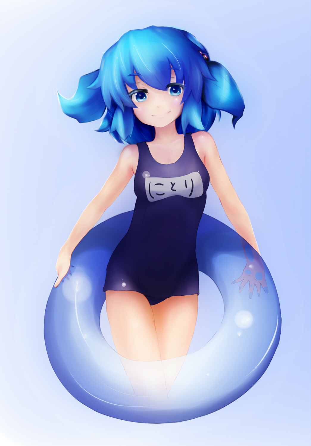 blue_eyes blue_hair highres innertube ironwill kawashiro_nitori name_tag one-piece_swimsuit school_swimsuit solo swimsuit touhou twintails two_side_up