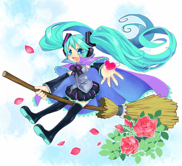 1girl boots broom flower hatsune_miku long_hair petals rose solo tamachro thigh_boots thighhighs twintails very_long_hair vocaloid