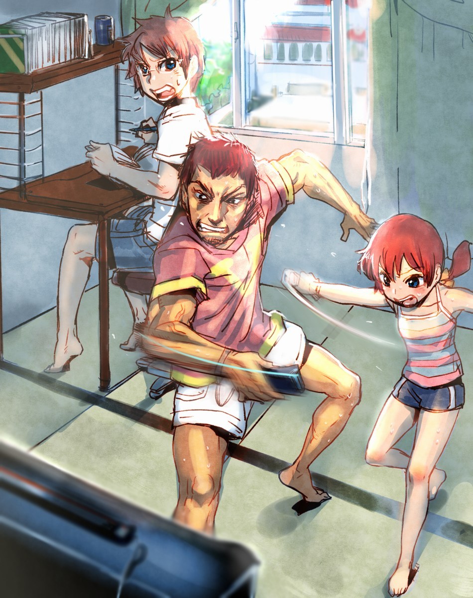 2boys barefoot blue_eyes book bow_(bhp) controller desk game_console game_controller glasses highres multiple_boys original playing_games red_hair shorts single_vertical_stripe striped tank_top wii wii_remote window