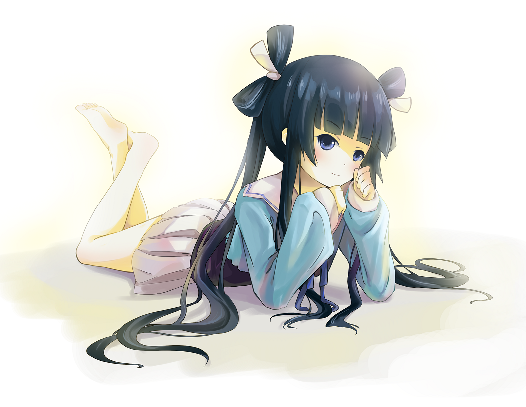 bad_id bad_pixiv_id barefoot black_hair blue_eyes child feet long_hair lying on_stomach ookami-san ryuuguu_otohime school_uniform skirt smile solo twintails zhao_shuwen