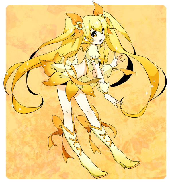 ayuyu_(baby) blonde_hair boots cure_sunshine heartcatch_precure! knee_boots long_hair magical_girl midriff myoudouin_itsuki navel orange_eyes orange_skirt precure skirt solo twintails very_long_hair yellow yellow_background