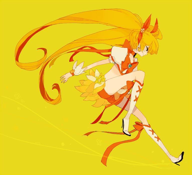 bad_id bad_pixiv_id bike_shorts boots bow choker cure_sunshine heartcatch_precure! knee_boots l_hakase long_hair magical_girl midriff myoudouin_itsuki orange_bow orange_choker precure shorts shorts_under_skirt skirt solo twintails very_long_hair yellow yellow_background yellow_skirt