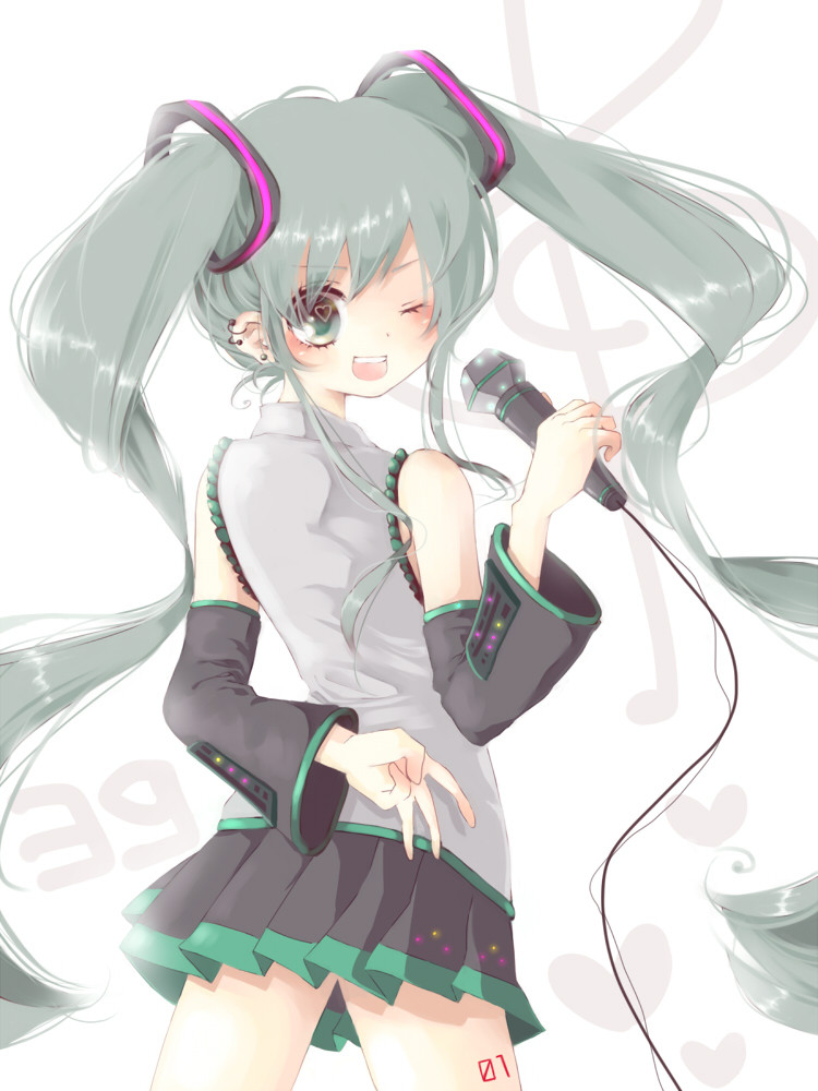 ;d aqua_eyes aqua_hair detached_sleeves hatsune_miku heart heart-shaped_pupils long_hair looking_back microphone one_eye_closed open_mouth simple_background skirt smile solo symbol-shaped_pupils tattoo twintails umi_(umi02) v very_long_hair vocaloid