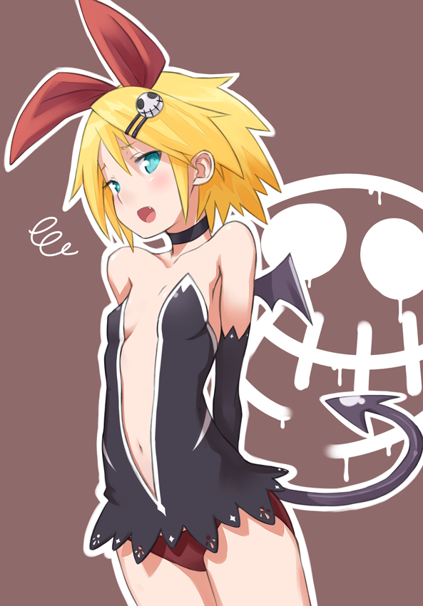 aqua_eyes bad_id bad_pixiv_id bat_wings blonde_hair blush cosplay fang hair_ornament hair_ribbon hairclip kagamine_rin mofu navel panties ribbon short_hair solo tail underwear vocaloid wings