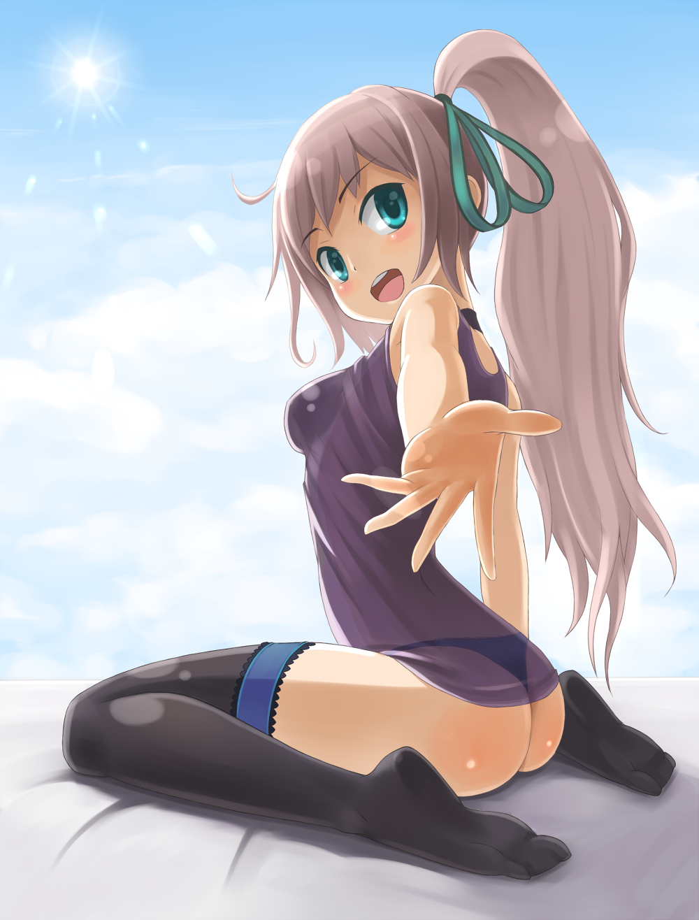 :d aqua_eyes arched_back arm_support ass black_legwear blush collar foreshortening hair_ribbon highres legs long_hair long_legs looking_back no_shoes open_mouth original outstretched_arm outstretched_hand panties ponytail reaching ribbon see-through sitting ska sky smile solo sun thighhighs thighs thong underwear wariza