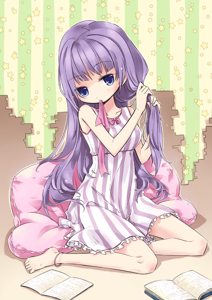 anklet barefoot blue_eyes book hair_down jewelry long_hair mouth_hold nagisa_honoka nightgown no_hat no_headwear open_book patchouli_knowledge purple_eyes purple_hair solo striped touhou vertical_stripes