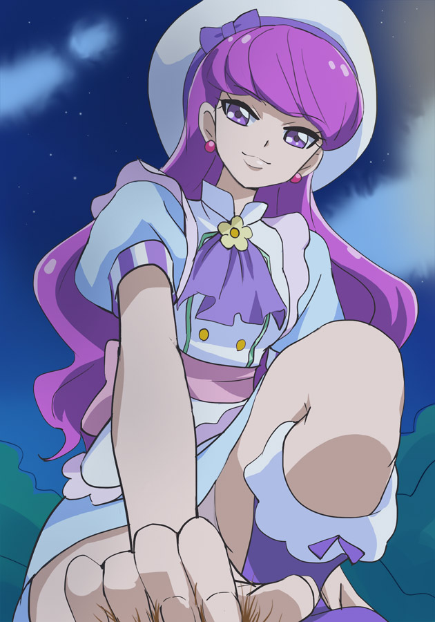 :3 boots cloud earrings grass haruyama_kazunori hat jewelry kirakira_patisserie_uniform kirakira_precure_a_la_mode kotozume_yukari long_hair looking_at_viewer night night_sky one_knee panties pantyshot pantyshot_(one_knee) precure purple_eyes purple_footwear purple_hair sky smile solo underwear