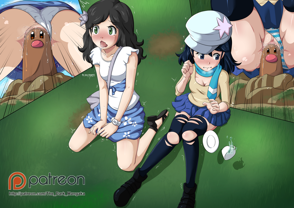 2girls bestiality black_hair blouse breasts cleavage clitoris dig diglett flower_on_head grass green_eyes ground hat heavy_breathing long_hair multiple_girls panties panties_aside plate pokemon pokemon_(creature) pokemon_(game) pussy pussy_juice scarf seiza sitting skirt striped_panties tank_top teacup the_dark_mangaka thighhighs trembling uncensored vaginal watermark wavy_mouth