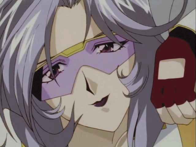 1girl 90s animated animated_gif bangs bounce bouncing_breasts breasts burn-up burn-up_excess cleavage female fingerless_gloves gloves large_breasts looking_at_viewer makeup oldschool purple_hair purple_lips red_eyes ruby_(burn-up) smile solo sunglasses