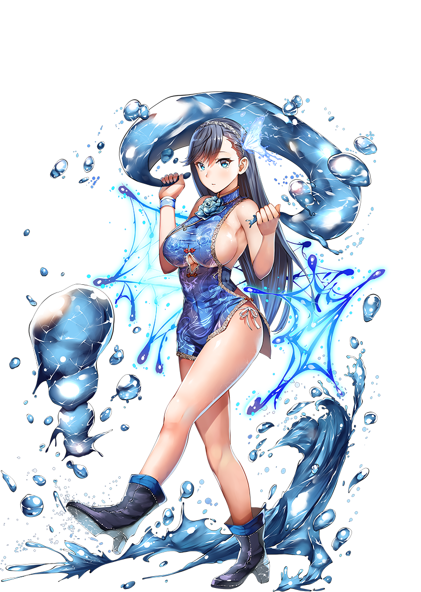 1girl asymmetrical_bangs bangs bare_legs blue_eyes blue_flower blue_footwear blue_hair blue_rose boots breasts bug butterfly china_dress chinese_clothes dress eyebrows_visible_through_hair flower full_body hair_between_eyes hair_ornament hairband high_heel_boots high_heels holding_water insect kicking large_breasts lolicept long_hair longji_gongzhu_(sennen_sensou_aigis) official_art panties rose sennen_sensou_aigis shiny shiny_skin side-tie_panties sideboob sidelocks sleeveless solo splashing standing tachi-e taut_clothes taut_dress thighs transparent_background underboob underboob_cutout underwear water water_butterfly water_drop white_panties wristband