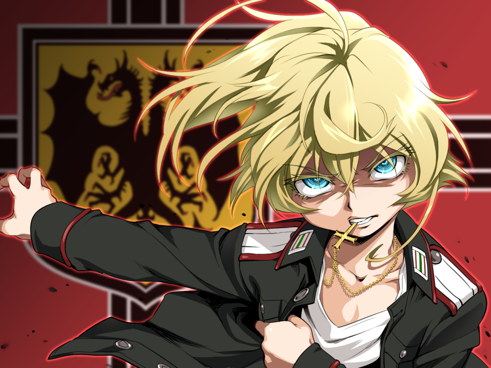 bad_id bad_tinami_id bangs black_jacket blonde_hair blue_eyes chain_necklace crazy_eyes cross cross_necklace dressing epaulettes flag_background funnyari grimace heraldry jacket jewelry latin_cross looking_at_viewer military military_uniform mouth_hold necklace open_clothes open_jacket shirt short_hair solo standing tanya_degurechaff uniform upper_body white_shirt youjo_senki