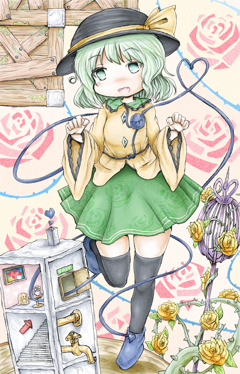 ankle_boots birdcage black_legwear blouse blush_stickers boots cage curled_fingers directional_arrow doll_house fang faucet flower folded_leg frilled_sleeves frills green_eyes green_hair green_skirt hands_up hat hat_ribbon head_tilt heart heart_of_string highres komeiji_koishi long_sleeves looking_at_viewer open_mouth patterned_background red_flower red_rose ribbon rose rose_background short_hair skirt solo standing standing_on_one_leg thighhighs third_eye thorns tiptoes touhou yellow_blouse yellow_flower yellow_rose ys_(ytoskyoku-57)