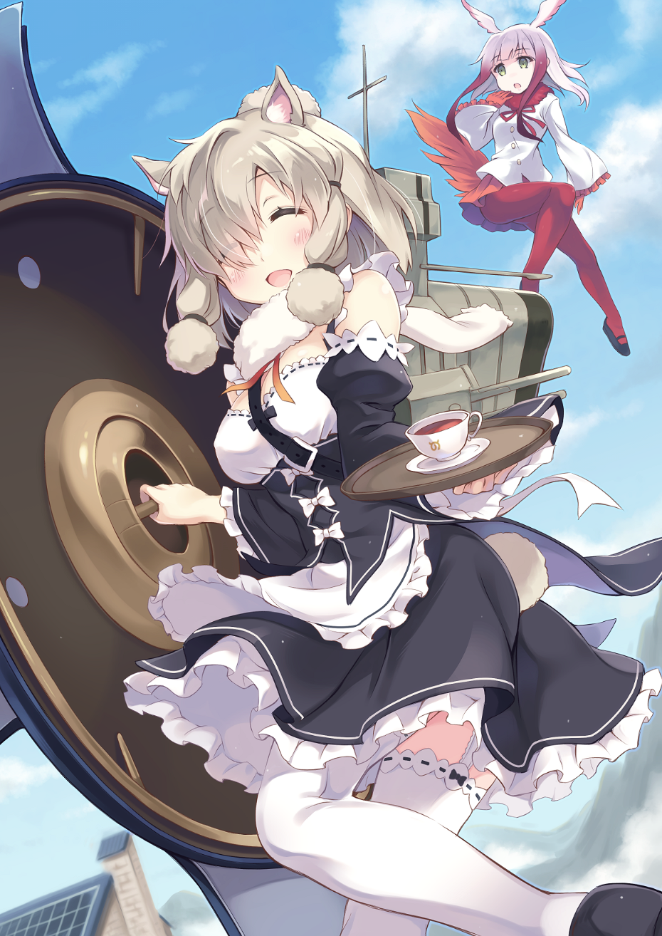 :o alpaca_suri_(kemono_friends) bare_shoulders blue_sky blush breasts cleavage closed_eyes cloud coat commentary_request cosplay crested_ibis cup day detached_sleeves dress fate/grand_order fate_(series) frills fur_trim fusion hair_over_one_eye hairstyle_connection half-closed_eyes hamakaze_(kantai_collection) happy head_wings highres itoichi. japanese_crested_ibis_(kemono_friends) japari_symbol_print jitome kantai_collection kemono_friends long_sleeves looking_at_viewer maid mash_kyrielight medium_breasts multicolored_hair multiple_girls open_mouth outdoors pantyhose print_cup re:zero_kara_hajimeru_isekai_seikatsu red_hair red_legwear rem_(re:zero) rem_(re:zero)_(cosplay) silver_hair skirt sky smile tea teacup thighhighs two-tone_hair white_hair wide_sleeves