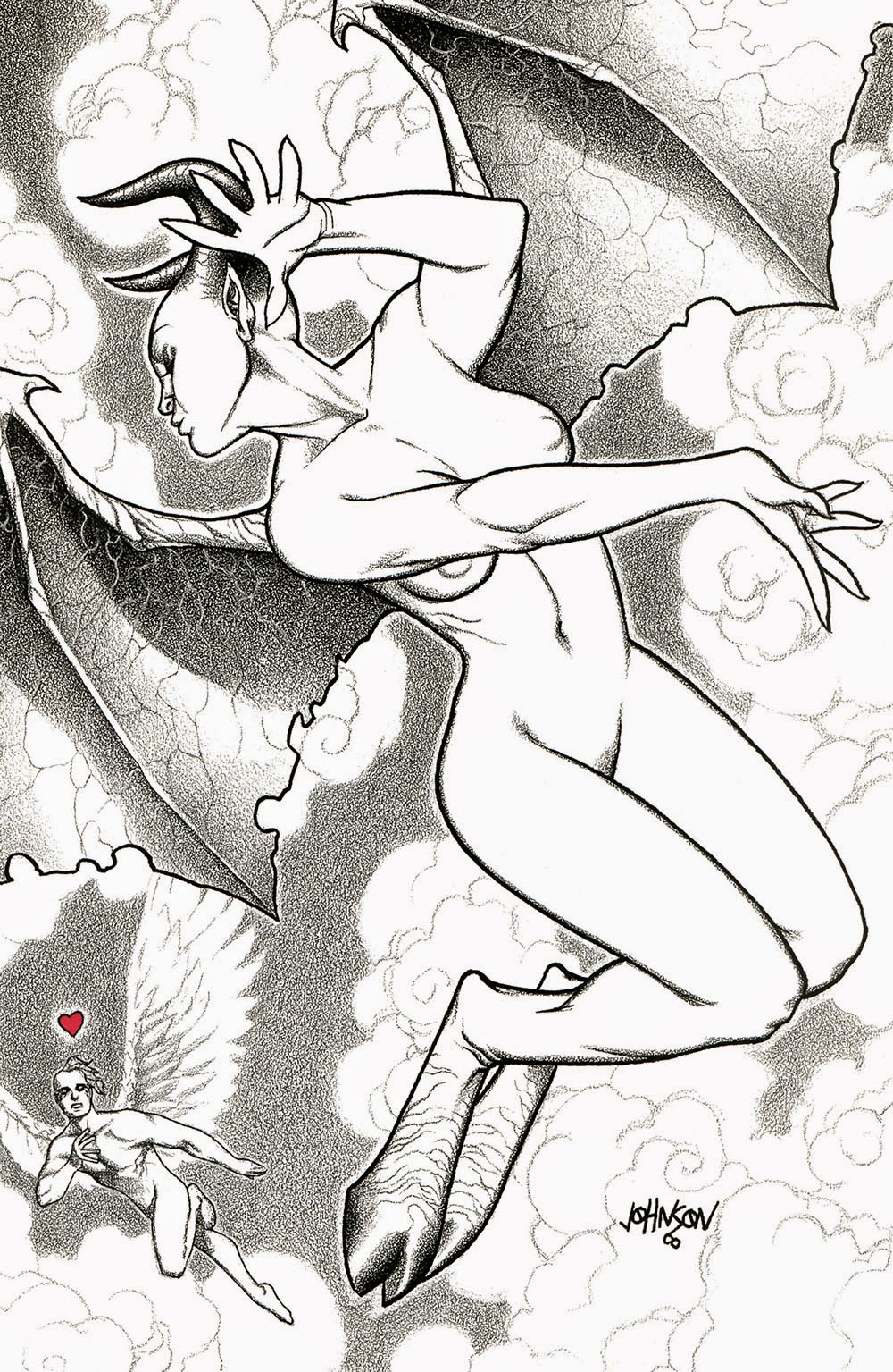 2000 angel breasts demon female flying hooves horn love male monochrome monster nipples nude preacher traditional_media_(artwork) unknown_artist wings