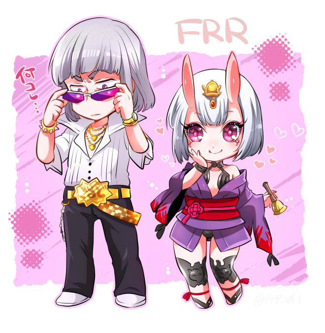 1girl bell belt bob_cut chain chibi claude_frollo cosplay disney disneyland fate/grand_order fate_(series) gold_chain hairstyle_connection heart horns japanese_clothes jewelry marimo_(yousei_ranbu) necklace one_man's_dream_ii oni oni_horns popped_collar recruiters_(disney) sakata_kintoki_(fate/grand_order) sakata_kintoki_(fate/grand_order)_(cosplay) short_hair shuten_douji_(fate/grand_order) shuten_douji_(fate/grand_order)_(cosplay) silver_hair sunglasses the_hunchback_of_notre_dame veil_(disney)