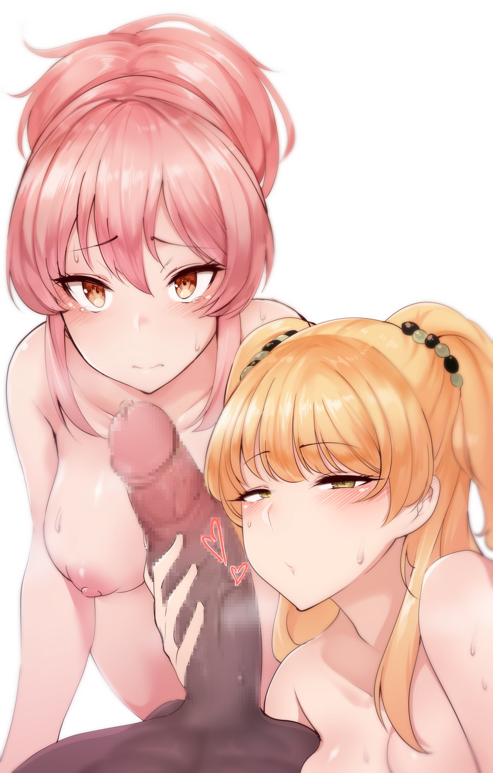 2girls blonde_hair blush breasts brown_eyes censored highres idolmaster idolmaster_cinderella_girls jougasaki_mika jougasaki_rika large_penis looking_at_viewer medium_breasts mosaic_censoring multiple_girls nipples nude penis pink_hair pocari_sweat_(artist) precum siblings sidelocks simple_background sisters smell sweat tears tsurime two_side_up veins veiny_penis white_background yellow_eyes