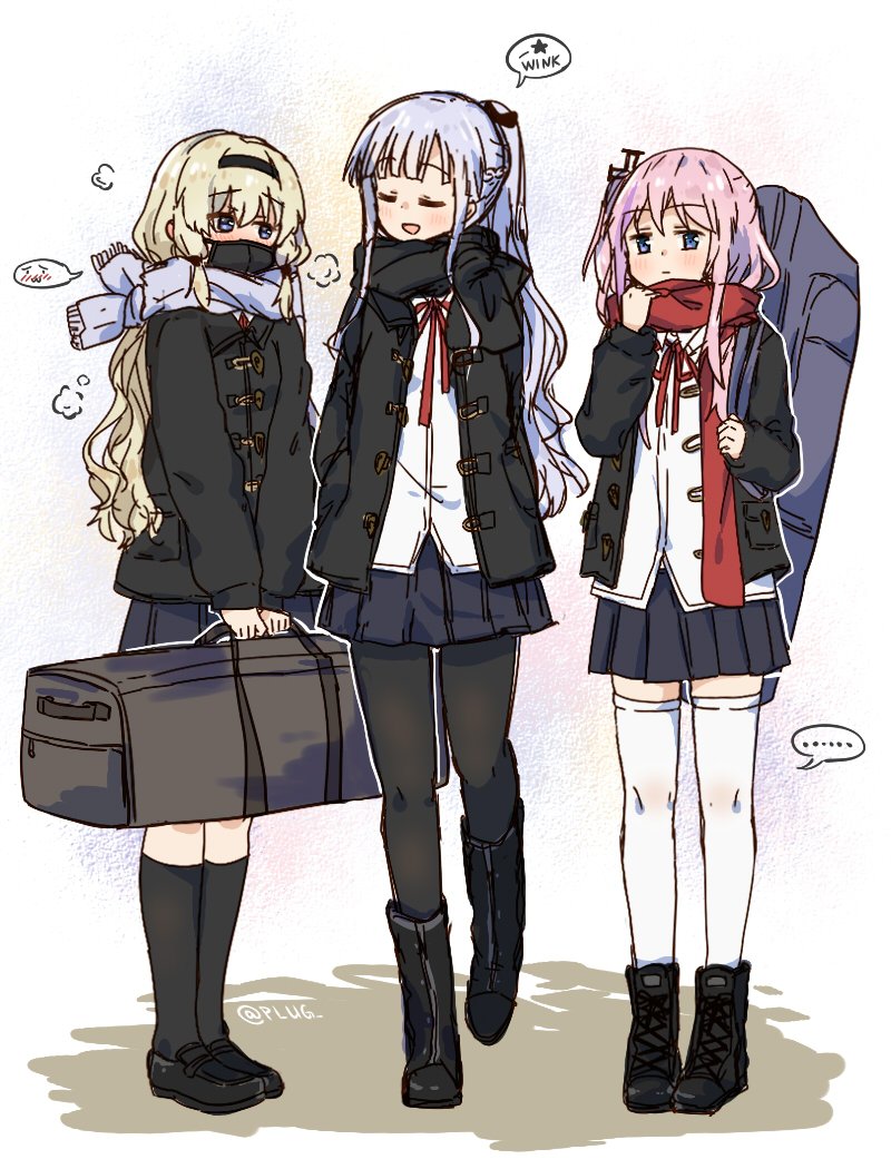 ak-12_(girls_frontline) alternate_costume an-94_(girls_frontline) artist_name bag blonde_hair blue_eyes blue_hair boots chinese_commentary closed_eyes commentary_request face_mask girls_frontline hair_ornament jacket mask multiple_girls pink_hair plug_(feng-yushu) scarf school_uniform shoes skirt st_ar-15_(girls_frontline) thighs