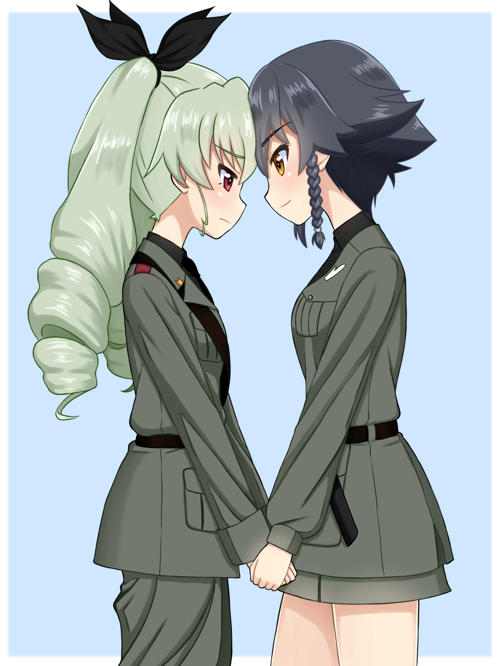 anchovy anzio_military_uniform black_hair black_ribbon blush drill_hair girls_und_panzer green_hair hair_ribbon highres holding_hands long_hair looking_at_another military military_uniform multiple_girls pepperoni_(girls_und_panzer) red_eyes ribbon ruka_(piyopiyopu) smile twintails uniform yellow_eyes yuri