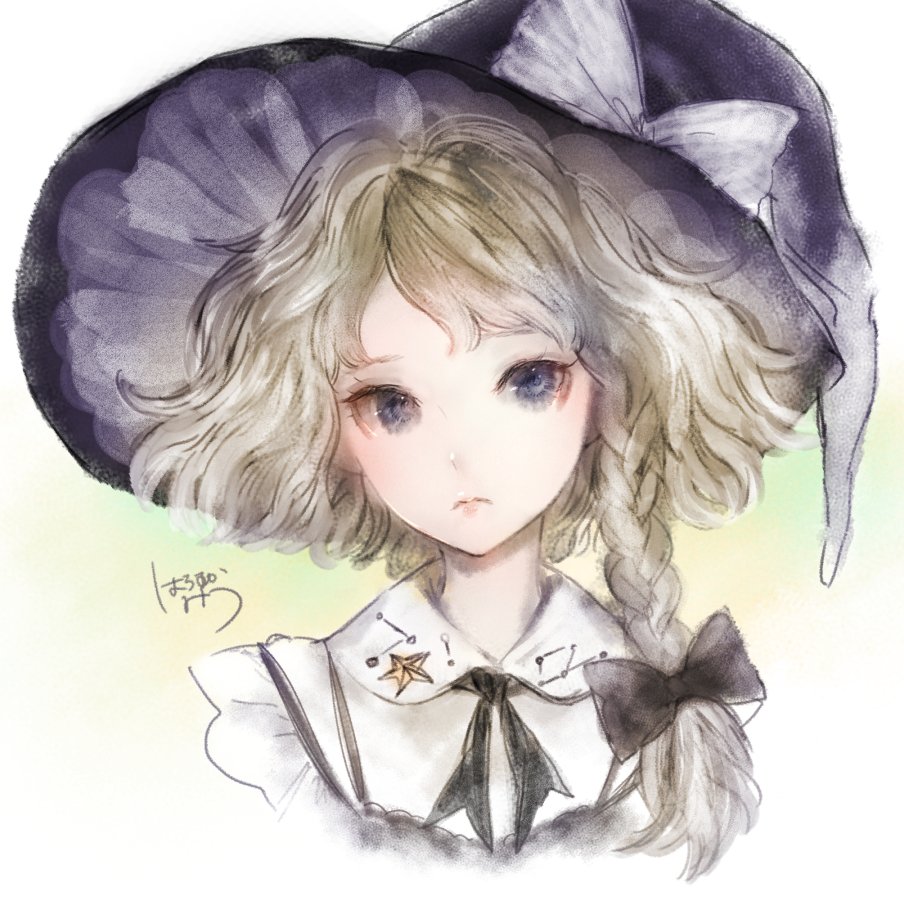 alternate_hairstyle black_bow black_hat blonde_hair blue_eyes bow braid closed_mouth commentary_request expressionless hair_bow hat hat_bow kirisame_marisa lips long_hair portrait short_hair side_braid solo touhou viridiflora white_bow witch_hat