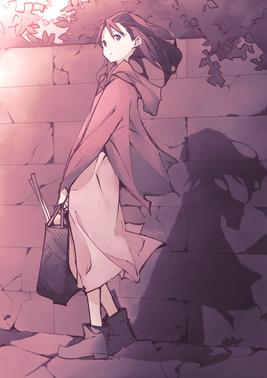 bag bangs boots brown cardigan closed_mouth dress floating_hair groceries highres holding holding_bag looking_to_the_side open_cardigan open_clothes original outdoors sepia shadow shimano solo spring_onion standing walking wind