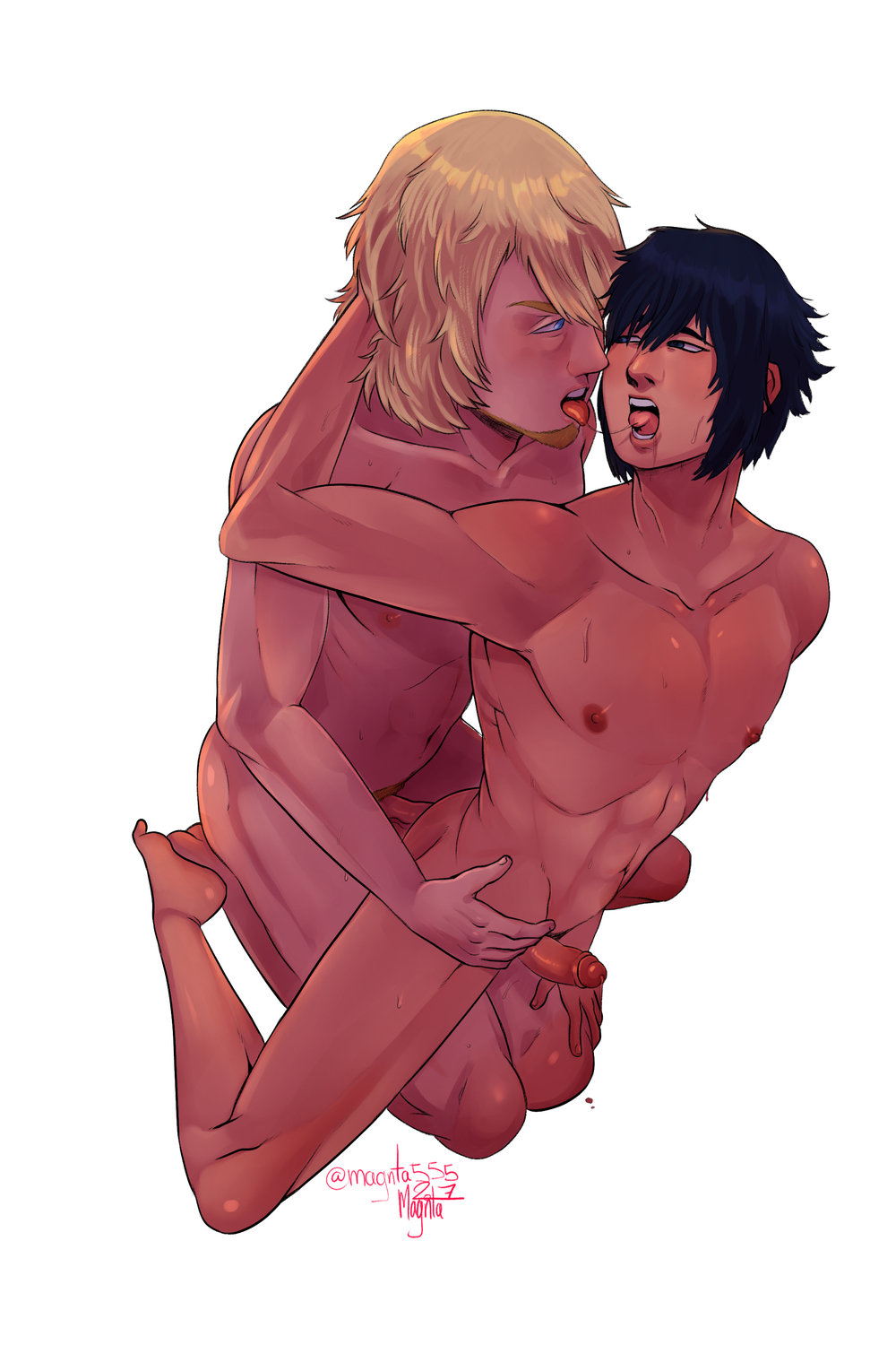 2boys anal black_hair blonde_hair blue_eyes crossover doggystyle erection final_fantasy final_fantasy_xv french_kiss grab hand_behind_head kiss lightning_returns:_final_fantasy_xiii looking_at_another magnta male_focus moaning multiple_boys muscle navel nipples noctis_lucis_caelum nude open_mouth penis saliva sex simple_background snow_villiers spread_legs sweat teeth tongue tongue_out wince yaoi