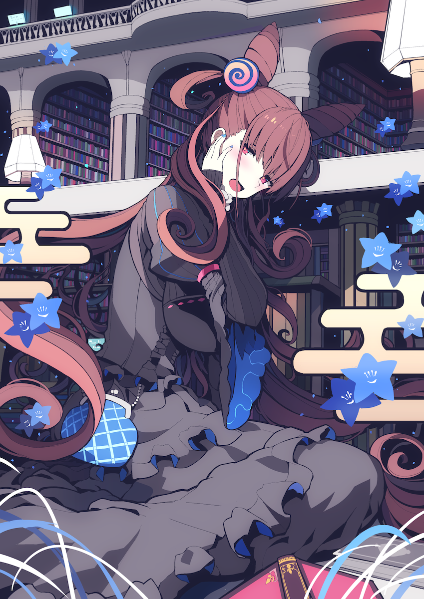 1girl bag bangs black_dress blue_nails book breasts brown_hair commentary_request double_bun dress eyebrows_visible_through_hair fate/grand_order fate_(series) frills hair_ornament hand_on_own_face handbag highres huge_breasts indoors lamp library long_hair long_sleeves looking_at_viewer murasaki_shikibu_(fate) nail_polish on_ground puffy_sleeves purple_eyes sitting solo star tranquillianusmajor very_long_hair