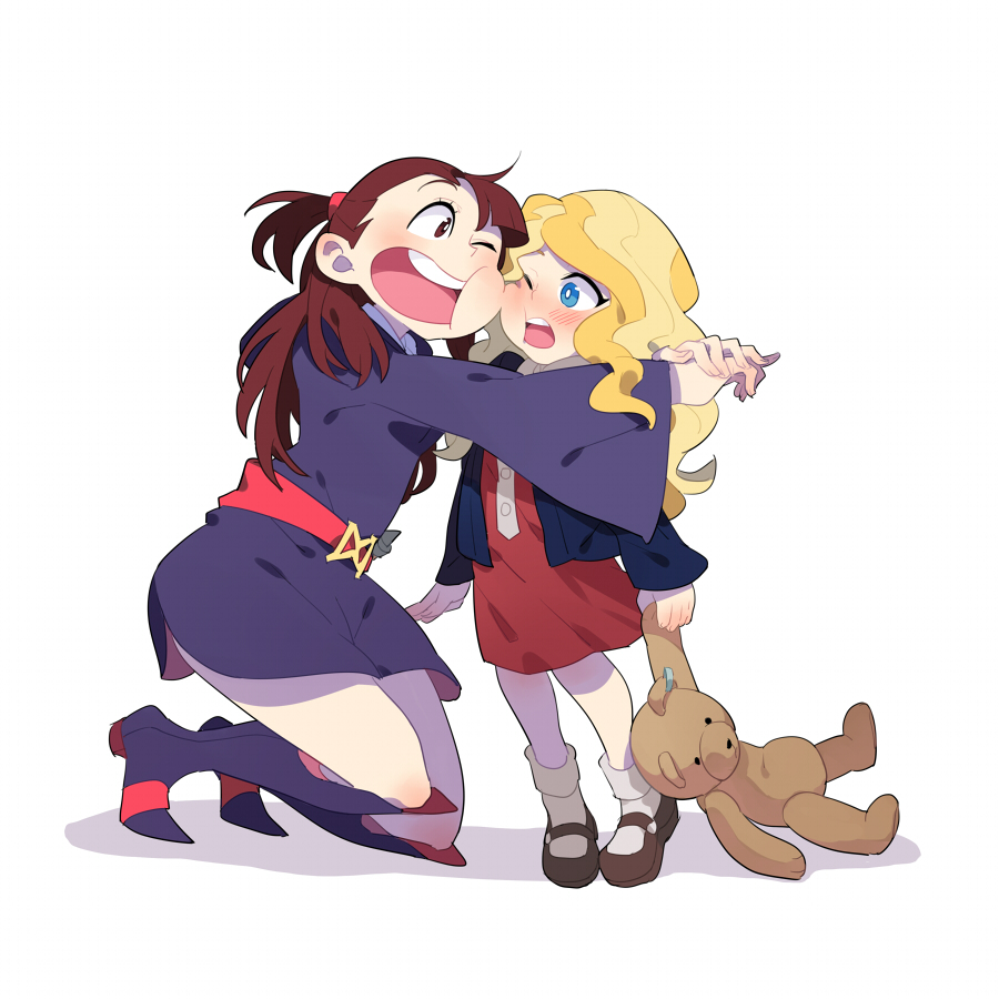 blonde_hair blue_eyes boots brown_hair cheek-to-cheek child diana_cavendish dress following hat hug kagari_atsuko little_witch_academia long_hair luo. mary_janes multiple_girls open_mouth shoes simple_background staff star stuffed_animal stuffed_toy teddy_bear white_background witch witch_hat yuri